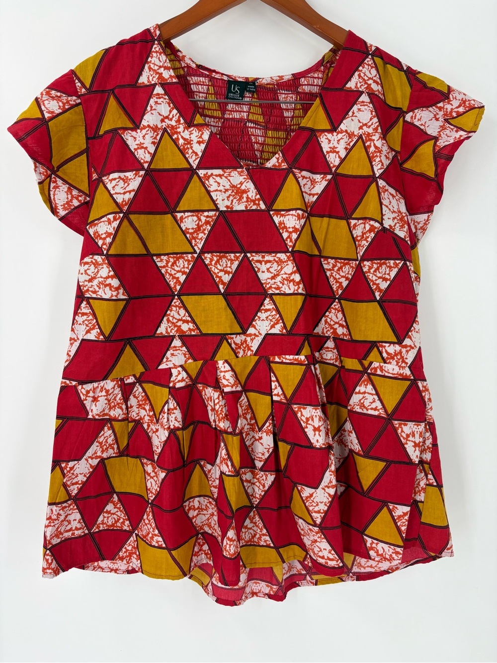 Red Mustard Geometric Flutter Sleeve Artsy Global Peplum Cotton Shirt Top Large